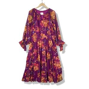 Destination 365 Floral Maxi Dress Womens L Purple Boho LIned Chiffon Clipped Dot